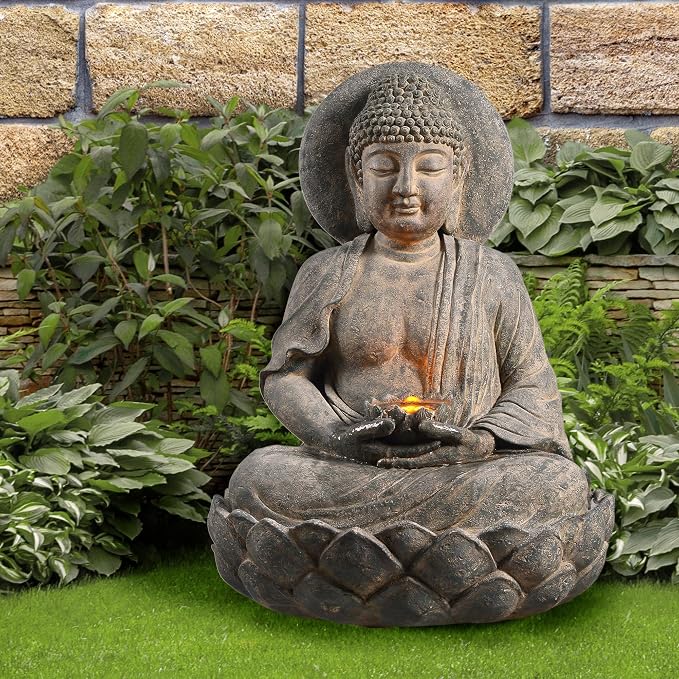 Teamson Home Buddha Zen Statue Water Fountain, Stone Gray | LED Light, Pump Included, Outdoor Patio Garden Backyard Decking, 28 Inch Height