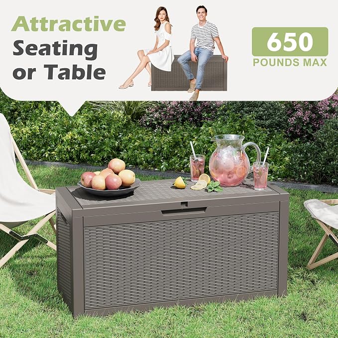 Outdoor Storage Box, 72 Gallon Resin Deck Boxes Outdoor Waterproof For Patio Furniture, Garden Tools, Pool Supplies, Lockable And UV Resistant (Rattan Gray)