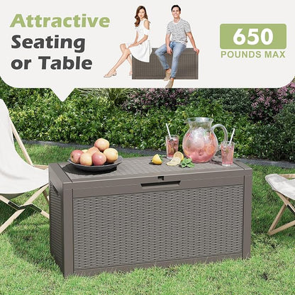 Outdoor Storage Box, 72 Gallon Resin Deck Boxes Outdoor Waterproof For Patio Furniture, Garden Tools, Pool Supplies, Lockable And UV Resistant (Rattan Gray)