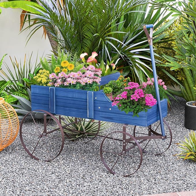 Wooden Wagon Planter, Decorative Flower Pots w/ 2 Planting Sections, Wheels & Handle, Rustic Farmhouse Garden Planter Box for Patio, Yard, Porch (Blue)