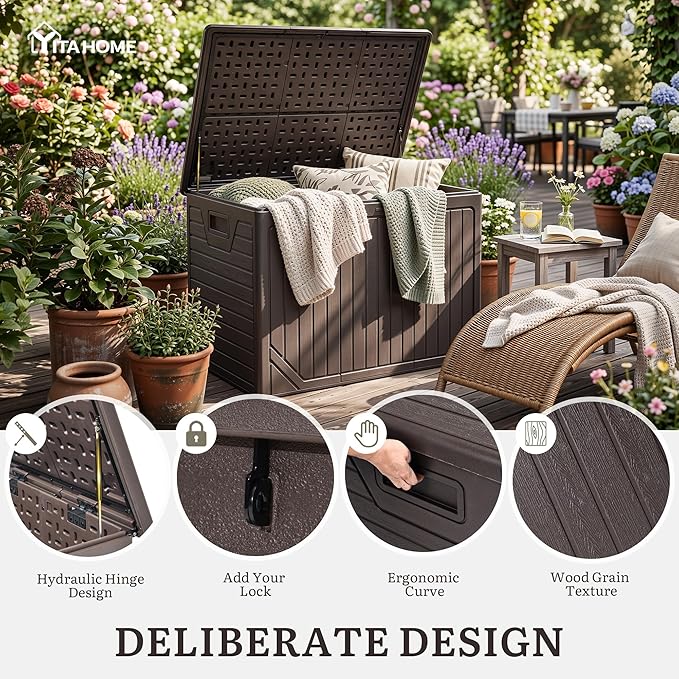 YITAHOME XXL 230 Gallon Extra Large Outdoor Deck Box | Lockable Resin Double-Wall Storage Box and Waterproof Patio Furniture Bin for Garden Tools & Pool Accessories, Brown