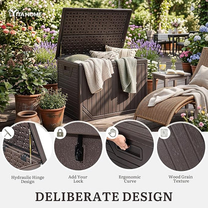 YITAHOME XXL 230 Gallon Extra Large Outdoor Deck Box | Lockable Resin Double-Wall Storage Box and Waterproof Patio Furniture Bin for Garden Tools & Pool Accessories, Brown
