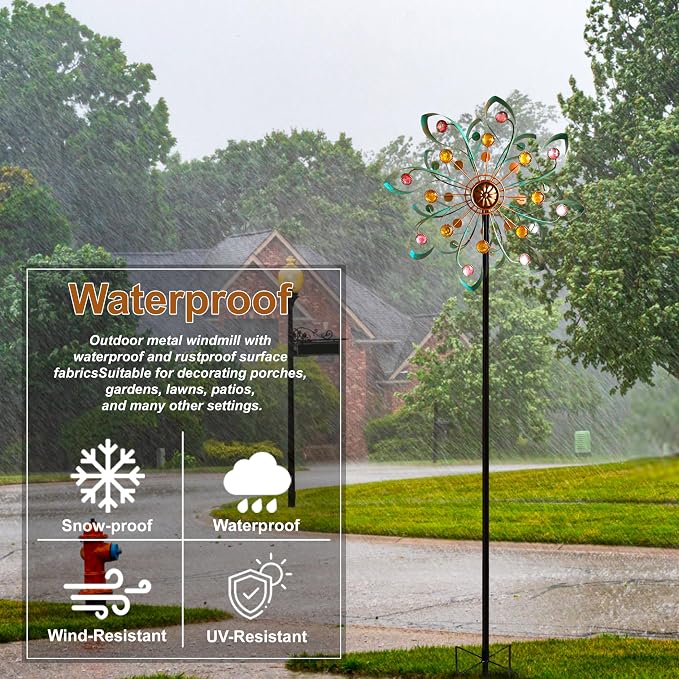 Large Metal Wind Spinners Outdoor, Double-Layer Yard Wind Spinner Outdoor with Stake, Kinetic Windmill for Yard and Garden, Lawn, Patio (60"× 14")