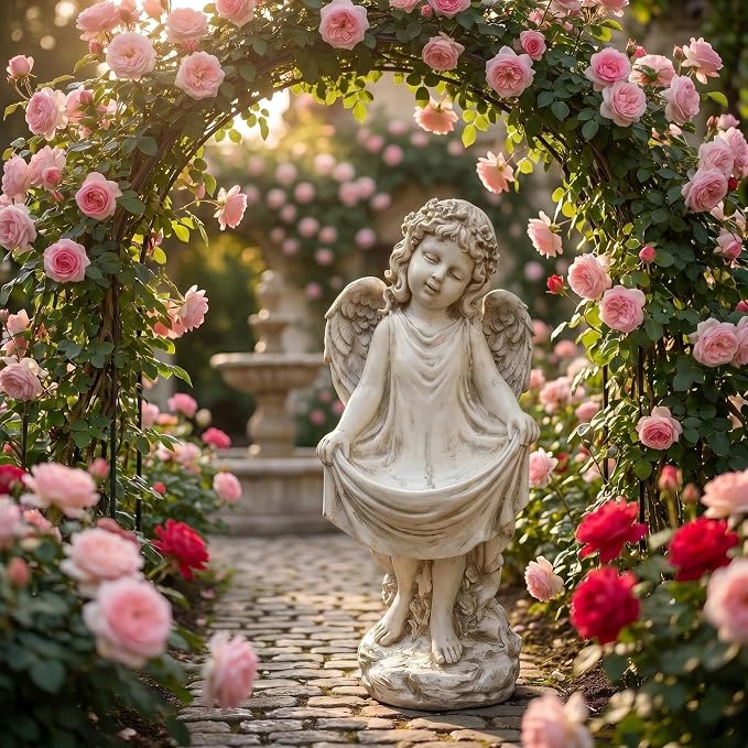 21" Tall Weathered White Angel Cherub Garden Statue, Resin Vintage Dress Sculpture Figurine, All Weather Indoor Outdoor Decor for Yard Lawn Patio Backyard Memorial