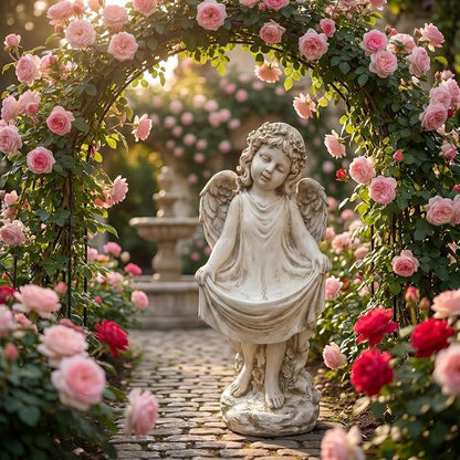 21" Tall Weathered White Angel Cherub Garden Statue, Resin Vintage Dress Sculpture Figurine, All Weather Indoor Outdoor Decor for Yard Lawn Patio Backyard Memorial