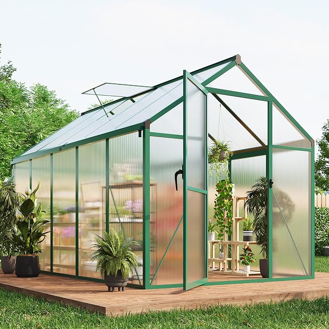 Greenhouse, 6x10 Ft Outdoor Greenhouses, Greenhouse Kit, Portablee Greenhouses with Ground Nails and Vent Windows, Sliding Lockable Door, Polycarbonate Green House for Outside Garden Backyard, Green