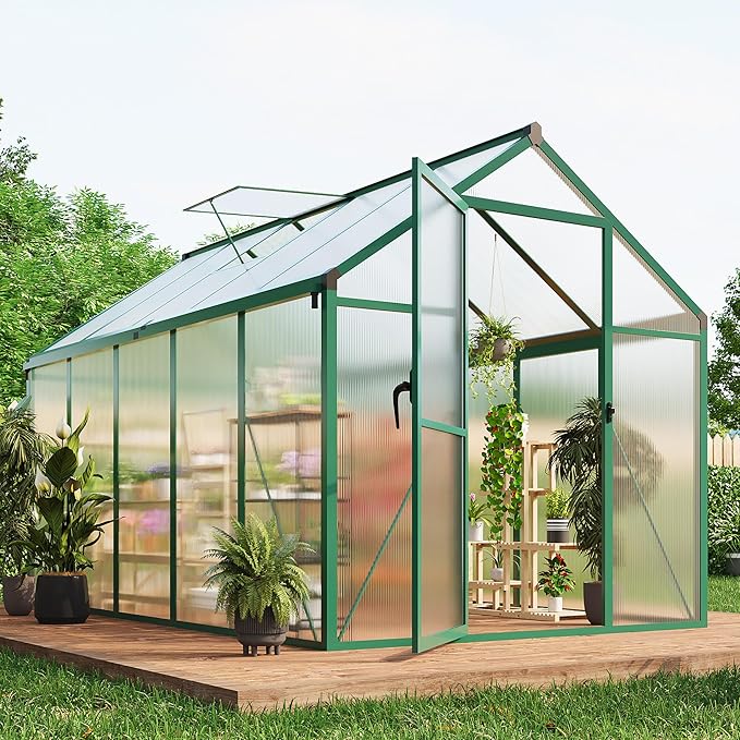 Garvee 6 x 10 FT Greenhouse, Greenhouses for Outside, Polycarbonate Greenhouse with Aluminum Frame, Lockable Door and Ajustable Roof Vent for Backyard, Green Houses for Outside Garden Backyard, Patio