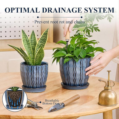 Ceramic Plant Pots, 4.5+5.5 Inch Small Plant Pots, Flower Pots Indoor Planters with Drainage and Tray, Modern Indoor Plant Pots for Home and Office, Indoor Planters with Drainage