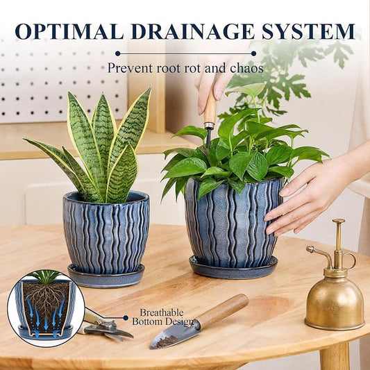Ceramic Plant Pots, 4.5+5.5 Inch Small Plant Pots, Flower Pots Indoor Planters with Drainage and Tray, Modern Indoor Plant Pots for Home and Office, Indoor Planters with Drainage
