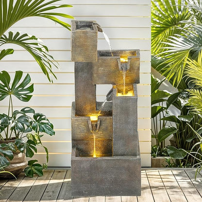 AUTODAYA 32.5" 5-Tier Stacked Blocks Fountains LED Cascading Waterfall | outdoor modern concrete texture, garden patio deck backyard,Porch or Home Décor