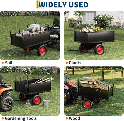 PeakPursuit Tow Behind Steel Dump Cart, Heavy Duty Yard Garden Trailer with Removable Sides & All Terrain Tires, Fits Lawn Mower, Tractor, Garden Cart, 750 lbs 17 Cubic Feet, Black