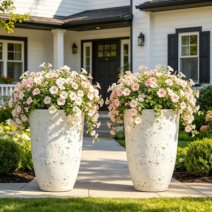 19.5" Tall Resin Planters Set of 2, Faux Birch Bark, White | Resin flower pot, weather and fade resistant, pre-drilled drainage with plugs,Heavy-Duty,indoor outdoor, porch patio garden