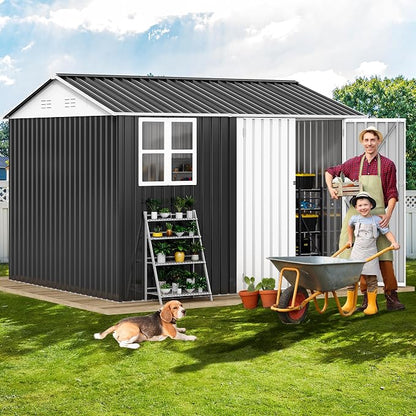 DWVO 10' x 8' Outdoor Storage Shed, Waterproof Metal Garden Shed with Windows, Lockable Doors, and Sloped Roof for Patio, Backyard, Lawn, Tool Storage, Bike Shed, Pet Shelter (Gray + White)