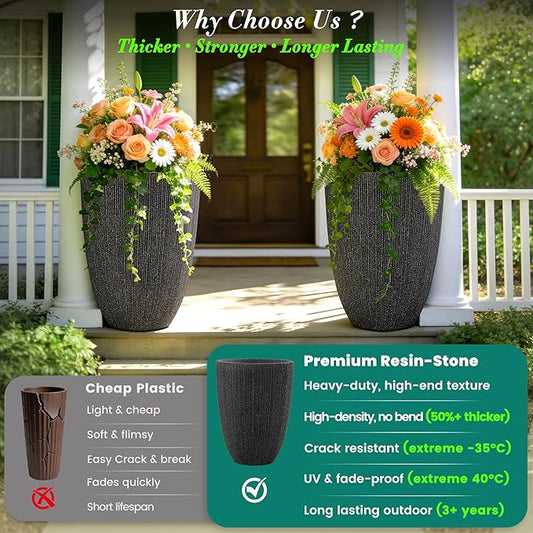 2-Pack 19" Black Resin Tall Round Planters with Fluted Texture | Set of 2 resin tall planters with black fluted texture, drainage plugs, and UV-resistant finish for porch or patio