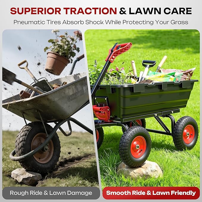 Garden Dump Cart Wagon with Hitch | 13" All Terrain Pneumatic Tires,DIY Expansion over 1200LBS Capacity,2-in-1 handle,Tow behind lawn mower, tractor or ATV