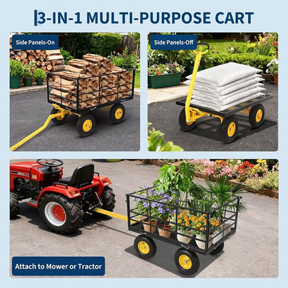 Heavy Duty 1500 Lbs Capacity Mesh Steel Garden Cart Folding Utility Wagon with Removable Sides, Garden Cart on Wheels for Gardening Soil, Tools, and Plant Transport