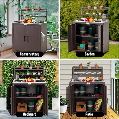Feasto Outdoor Potting Bench Table with Storage Cabinet, Brown | Stainless Steel Garden Workstation, Raised-Edge Top, Adjustable Shelf & Removable Hutch, Patio, Balcony & Outdoor Workspace
