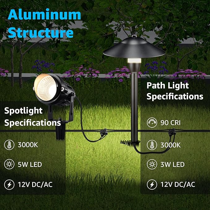SUNVIE LED Low Voltage Landscape Lighting 12-24V Landscape Lighting Kit with Connectors Aluminum Pathway Lights Wired with Spotlights 3000K Outdoor Pathway Lights Low Voltage for Yard Garden, 6 Pack