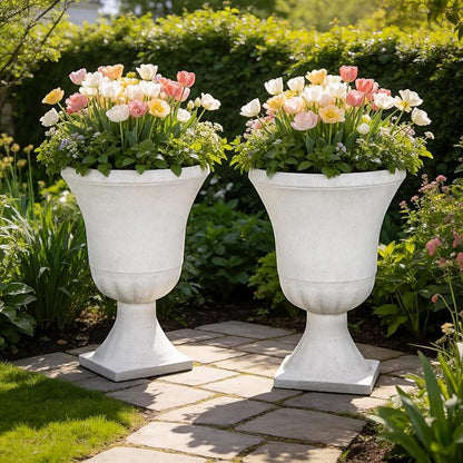 2-Pack 22" White Terrazzo Plastic Urn Planters with Drainage Holes | Set of 2 PP urn planters with white terrazzo finish, drainage plugs, UV-treated surface, and KD base for porch or patio