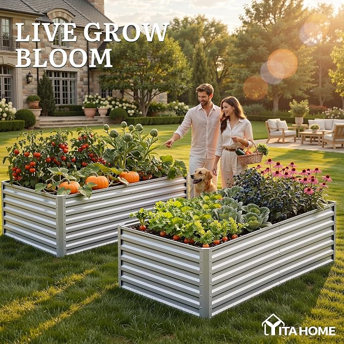YITAHOME 6x3x2 ft Galvanized Raised Garden Bed Kit, Large Metal Planter Box with Gloves & Support Rod, Outdoor Flower Bed for Plants Vegetables, Silver Gray