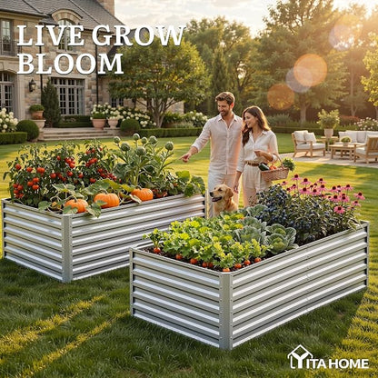 YITAHOME 6x3x2 ft Galvanized Raised Garden Bed Kit, Large Metal Planter Box with Gloves & Support Rod, Outdoor Flower Bed for Plants Vegetables, Silver Gray