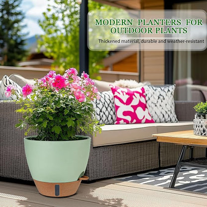 2 Pack 10 inch Plant Pots, Plastic Self Watering Planters with Drainage Holes, Deep Reservoir, Water Level Indicator, Modern Decorative Flower Pots for Indoor Outdoor Plants (Green, 10 inch)