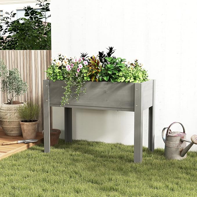 Raised Garden Bed with Legs Elevated Wooden Planter Box for Backyard Patio Balcony Deep Grow Box for Vegetables Flowers Fruits & Herbs (Grey, 40x20x31in)
