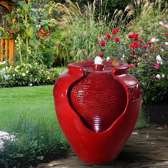 Teamson Home Outdoor Pot Fountain with LED Lights and Pump, Floor Water Fountain for Patio, Garden, Backyard, Decking Home Décor, 16.93 Inch Height, Red | LED Lights, Pump Included, Floor Water Fountain, For Patio, Garden, Backyard, Decking