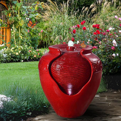Teamson Home Outdoor Pot Fountain with LED Lights and Pump, Floor Water Fountain for Patio, Garden, Backyard, Decking Home Décor, 16.93 Inch Height, Red | LED Lights, Pump Included, Floor Water Fountain, For Patio, Garden, Backyard, Decking