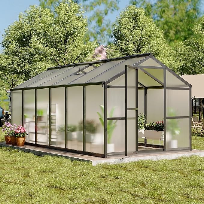 8x10 FT Greenhouse, Greenhouses for Outside, Polycarbonate Greenhouse with Aluminum Frame, Lockable Door and Ajustable Roof Vent for Backyard, Green Houses for Outside Garden Backyard, Patio