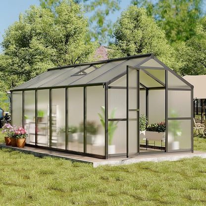 8x10 FT Greenhouse, Greenhouses for Outside, Polycarbonate Greenhouse with Aluminum Frame, Lockable Door and Ajustable Roof Vent for Backyard, Green Houses for Outside Garden Backyard, Patio