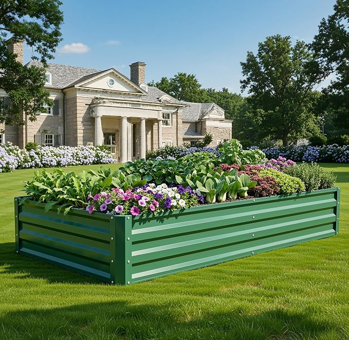 YITAHOME 2pcs 6x3x1ft Galvanized Raised Garden Bed, Metal Planter Box with Safety Rubber, Gloves, Outdoor Flower Bed for Planting Plants Vegetables, Green