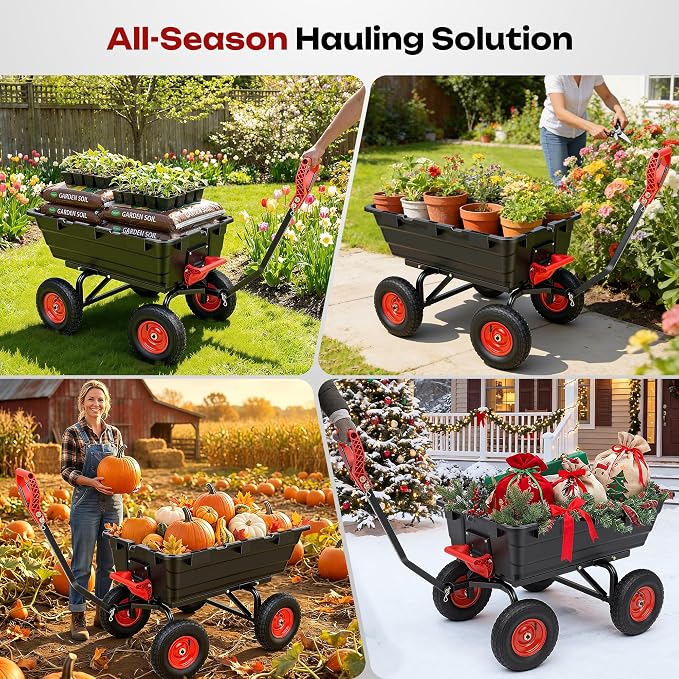 Garden Dump Cart Wagon with Hitch | 13" All Terrain Pneumatic Tires,DIY Expansion over 1200LBS Capacity,2-in-1 handle,Tow behind lawn mower, tractor or ATV