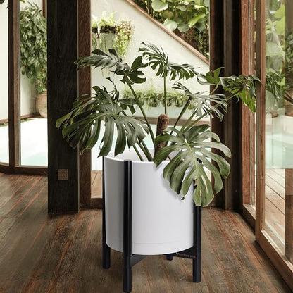 D'vine Dev Plastic Pot with Ebony Wood Stand, White, 16 in, 55-C-Z-1 | Mid-Century Inspired Design, Elevated Plant Display, Clean Lines, Sturdy Support, Modern Space-Saving Style