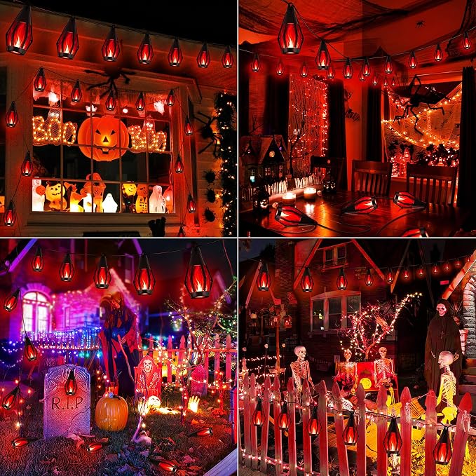 iBaycon 42Ft 15 LED Solar Flame Halloween String Lights, Red | Ultra-Real Flickering Flame Lamp Outdoor Waterproof, Solar Patio String Lights for Garden Yard Lawn Halloween Decorations