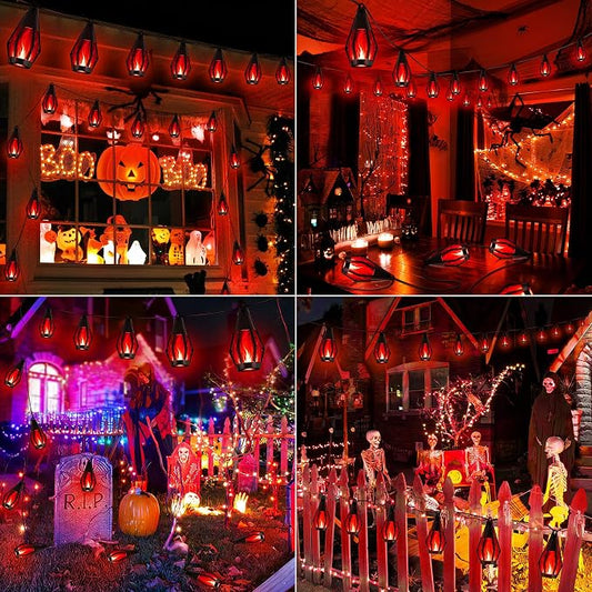 iBaycon 42Ft 15 LED Solar Flame Halloween String Lights, Red | Ultra-Real Flickering Flame Lamp Outdoor Waterproof, Solar Patio String Lights for Garden Yard Lawn Halloween Decorations