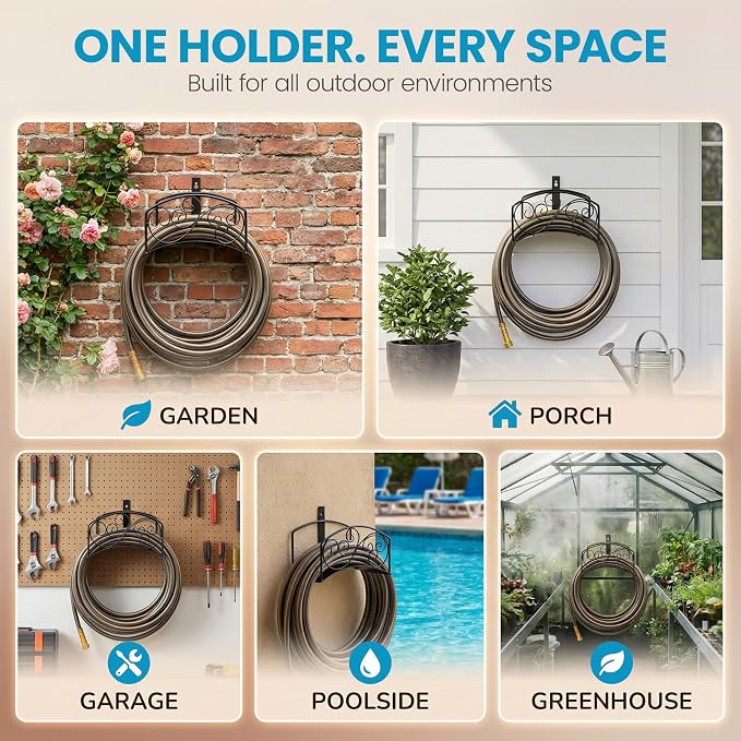 Gardenised Metal Wall-Mount Classic Swirl Hose Holder Heavy-Duty Outdoor Hanger and Water Hose Organizer with Sturdy Reel Hooks & Screws for Yard Lawn Garden Patio Landscaping and Home Use, Bronze