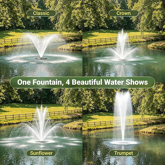 Vellara 120W Floating Pond Fountain with Built-in RGB LED Lights – 4 Spray Nozzles Included, 65ft Cord, Designed for Small Ponds