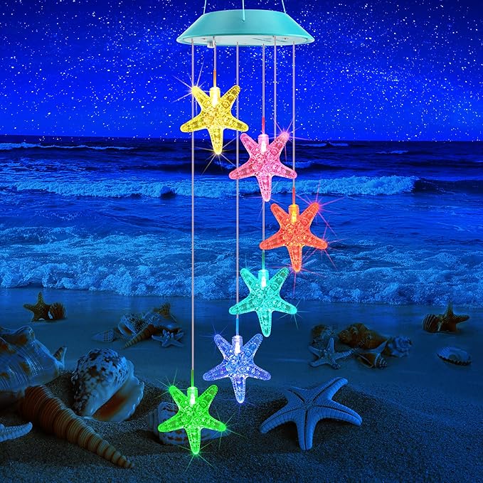 Solar Starfish Gift for Mom Grandma Girls, Colorful Solar Wind Chimes for Outside, Outdoor Decorative Mobile Lights for Garden, Yard, Patio, Window, Party, Outdoor Decorations