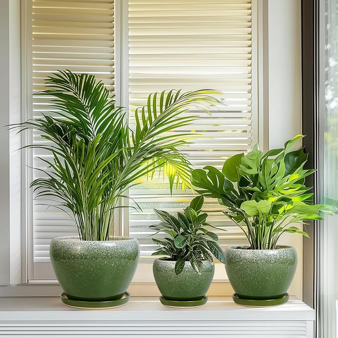 Ceramic Pots for Plants, 10+8+6 Inch Round Decorative Planters for Indoor Outdoor with Drainage Holes and Saucers, Office Garden Room Patio Decor, Gifts for Plant Lovers, Set of 3, Green