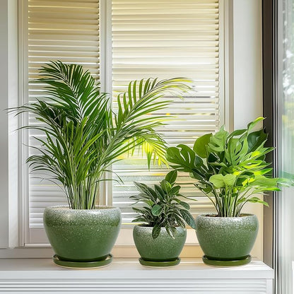 Ceramic Pots for Plants, 10+8+6 Inch Round Decorative Planters for Indoor Outdoor with Drainage Holes and Saucers, Office Garden Room Patio Decor, Gifts for Plant Lovers, Set of 3, Green