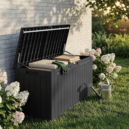 110 Gallon Deck Box Outdoor Indoor Waterproof Storage Box for Patio Furniture, Pool Accessories, Garden Tools, and Cushion Storage, Black