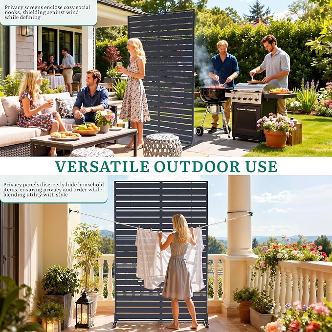 Privacy Screen Outdoor, 72"x44" Room Divider 5-Panel, Freestanding | Slatted Steel Privacy Fence with Ground Stakes, Weatherproof Divider for Balcony, Patio, Deck & Yard