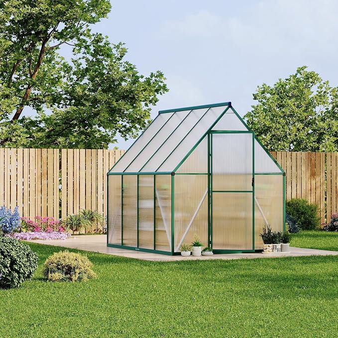 CABIHOME 6x7 FT Outdoor Greenhouse, Polycarbonate Greenhouse with Roof Vent and Ground Nails, Aluminum Large Walk-in Green House w/ Lockable Push Door for Outdoor Garden (Olive, 6x7 FT)