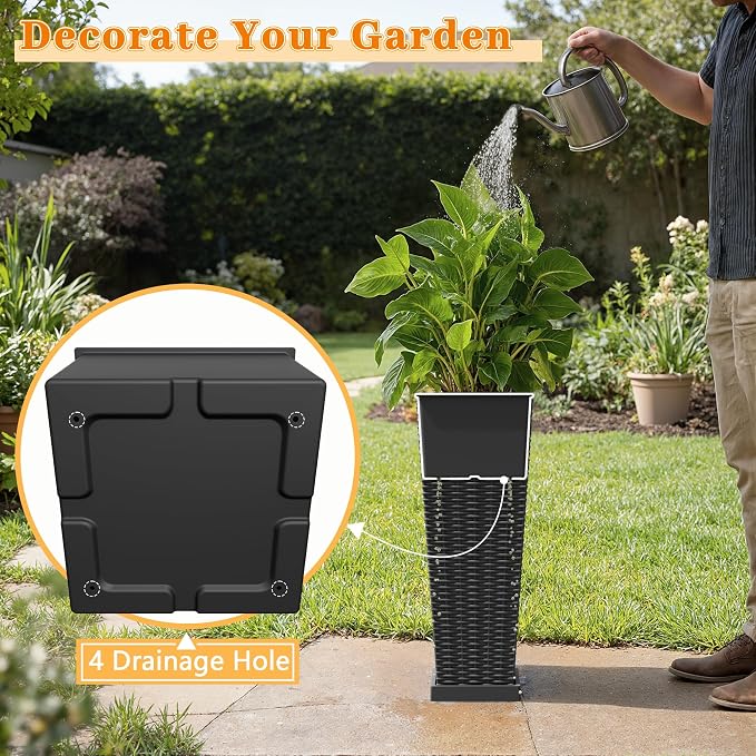 Greesum 23 Inch Tall Plastic Planters with Detachable Inner Pot & Drainage Holes (Set of 2), Large Outdoor Flower Pots for Plants, Trees, Patio, and Garden, Black
