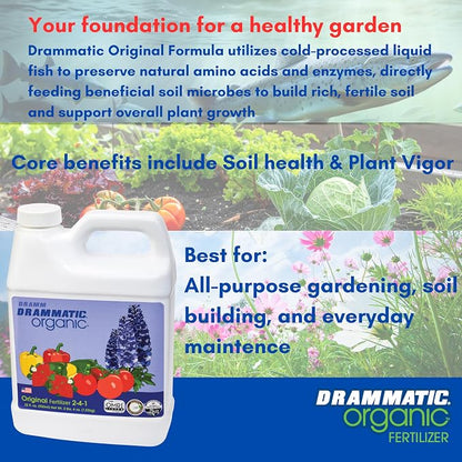 Drammatic® Organic™ Original Fertilizer 2-4-1, Hydrolyzed Liquid Fish Fertilizer for Vegetables, Flowers, and Fruits, 1 Quart (32 Ounces), OMRI Listed