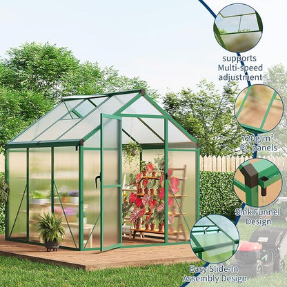 6x6 FT Greenhouse, Greenhouses for Outside, Polycarbonate Greenhouse with Aluminum Frame, Lockable Door and Ajustable Roof Vent for Backyard, Green Houses for Outside Garden Backyard, Patio