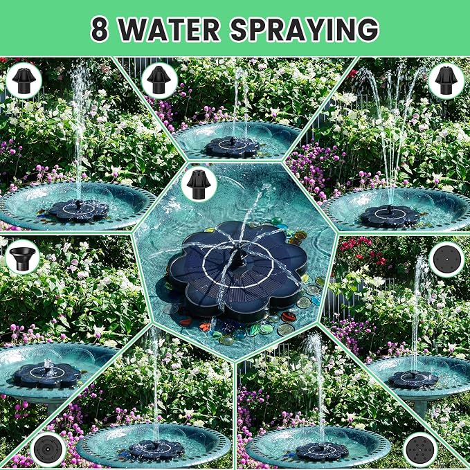 SZMP Solar Water Fountain with Flower Pattern No Battery,Faster Conversion Solar Bird Bath Fountains Glass Solar Panel,Solar Fountain for Bird Bath Garden Small Ponds Outdoor Décor