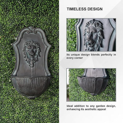 XBrand 29.9" Solar-Powered Wall-Mounted Lion Head Fountain, Resin, Outdoor, Gray