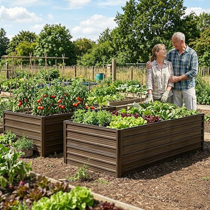 Galvanized Raised Garden Beds, 8x4x2FT Outdoor Planter Boxes with Safety Edging and Gloves, Rustic Country Style Metal Garden Bed Kit for Vegetables Flower and Fruits (Brown Wood Grain